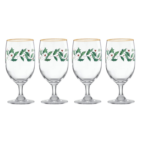 Lenox Holiday iced beverage glass with holly leaves and gold rim for festive drinks.
