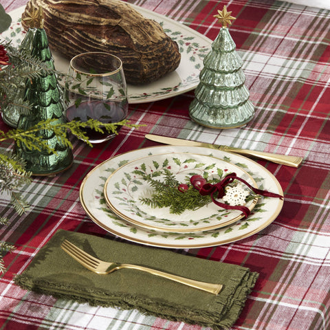 Close-up of Lenox Holiday holly and berry motif for timeless charm