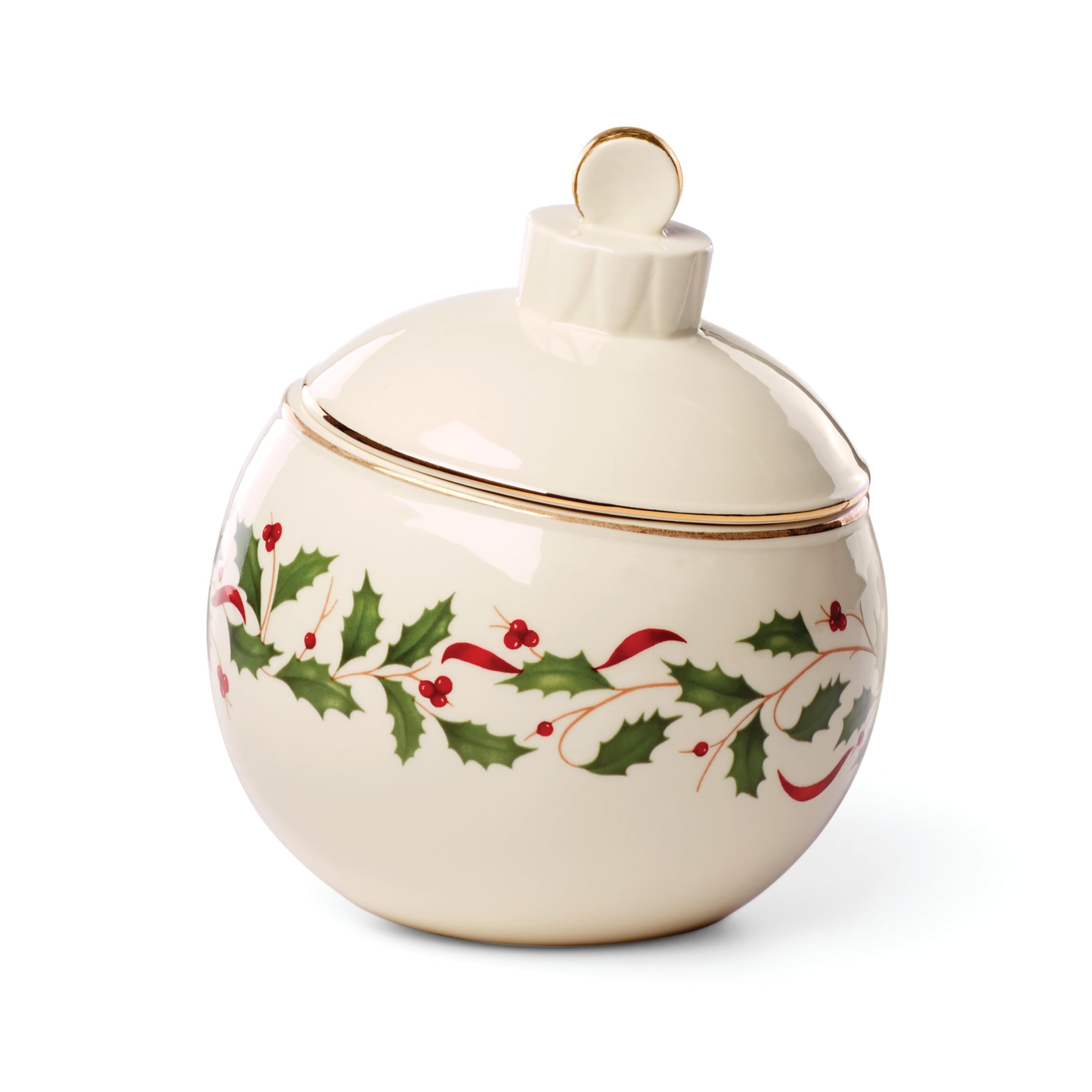 Lenox Holiday Ornament Candy Jar close-up showing holly motif and gold trim.