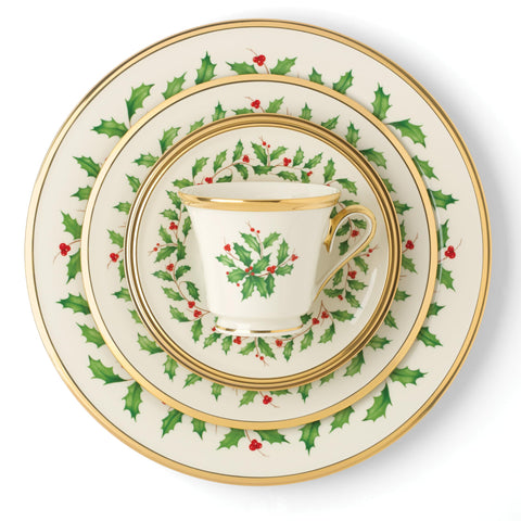 Lenox Holiday salad/dessert plate with festive holly accents for seasonal courses.