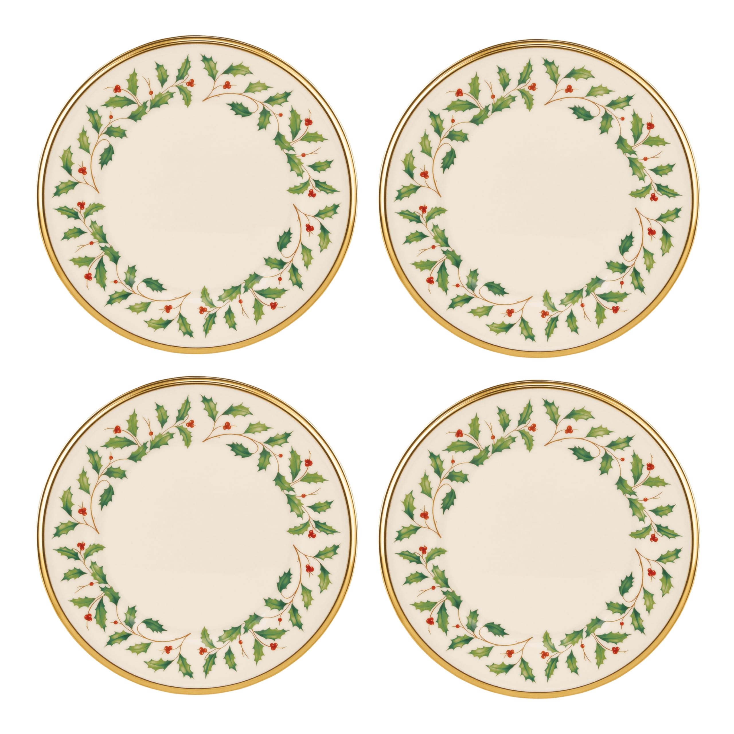 Lenox holly-berry motif salad plate, evoking festive elegance for holiday hosting.