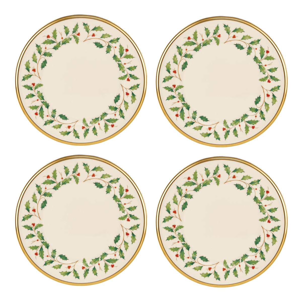 Lenox holly-berry motif salad plate, evoking festive elegance for holiday hosting.