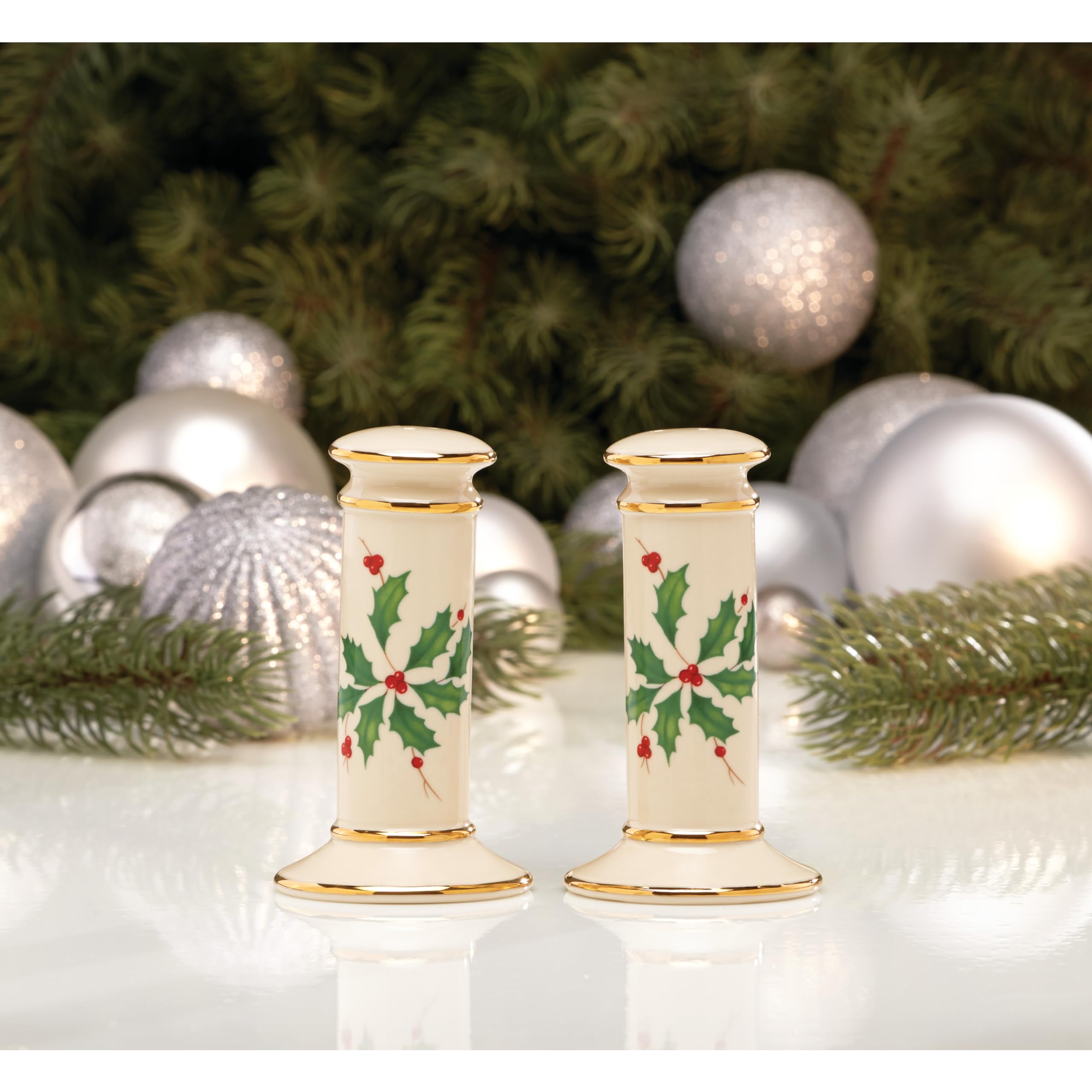 Lenox Holiday Salt and Pepper Set imported porcelain for timeless table presence.