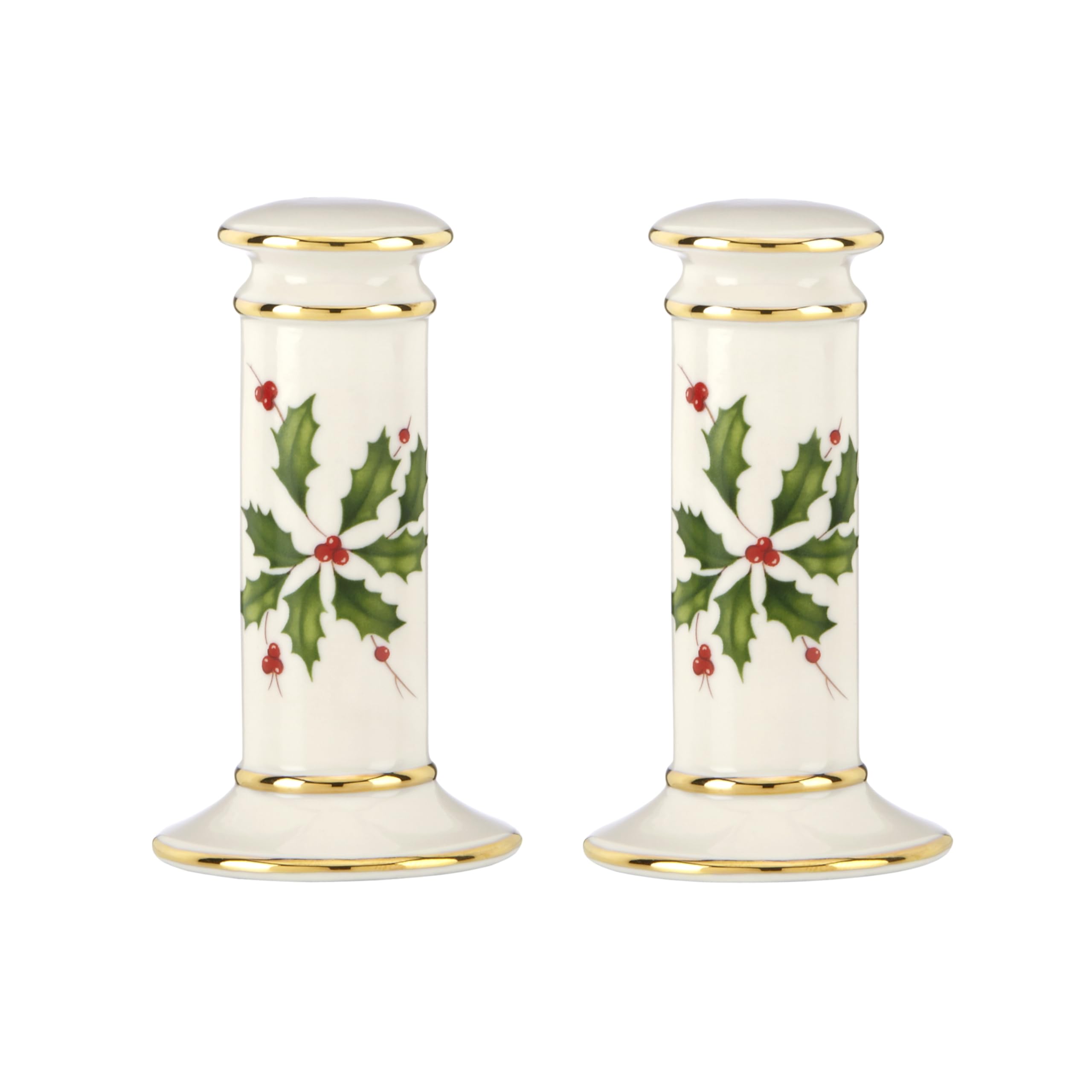 Lenox Holiday Salt and Pepper Set in ivory porcelain with holly motif, ideal for holiday dining.