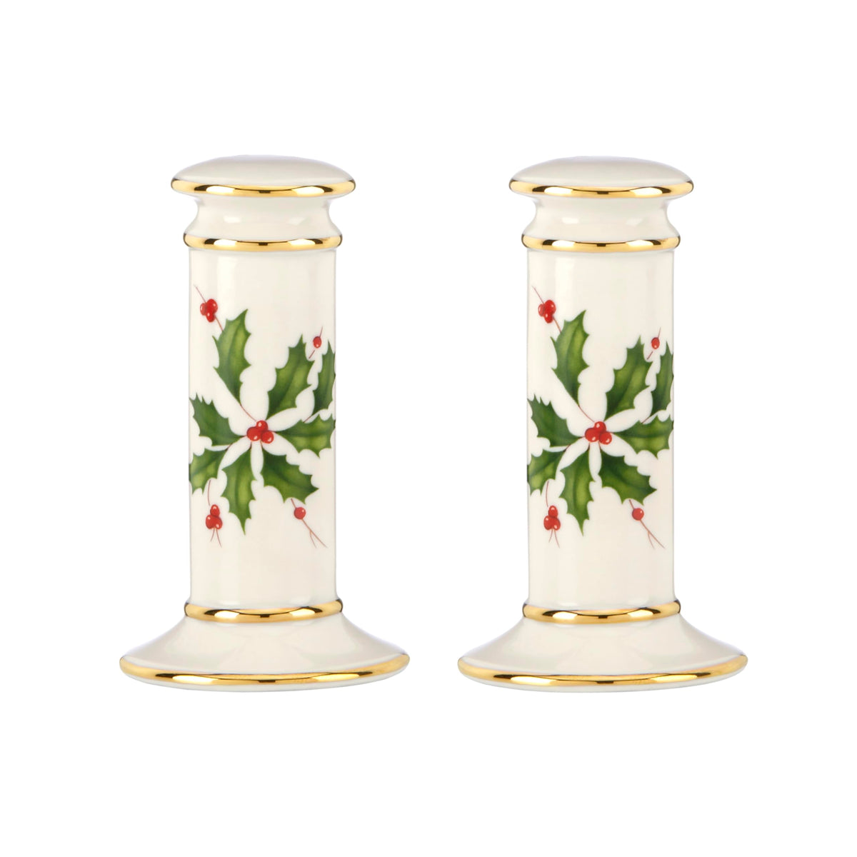 Lenox Holiday Salt and Pepper Set in ivory porcelain with holly motif, ideal for holiday dining.