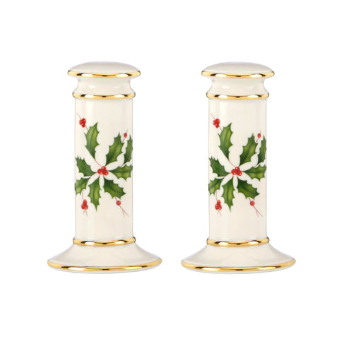 Lenox Holiday Salt and Pepper Set in ivory porcelain with holly motif, ideal for holiday dining.