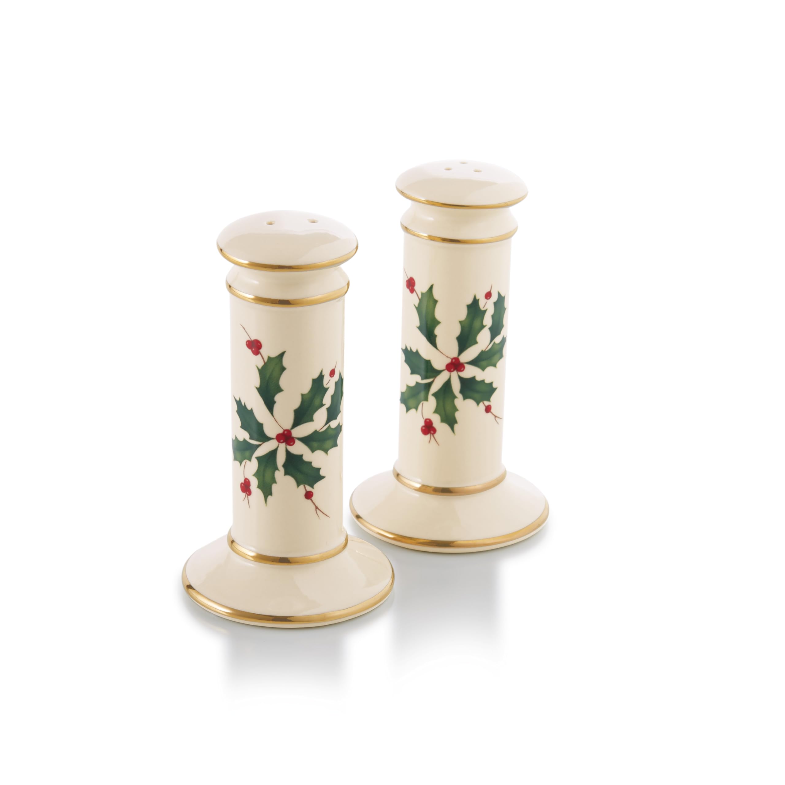 Lenox Holiday Salt and Pepper Set wide base prevents tipping during family dinners.