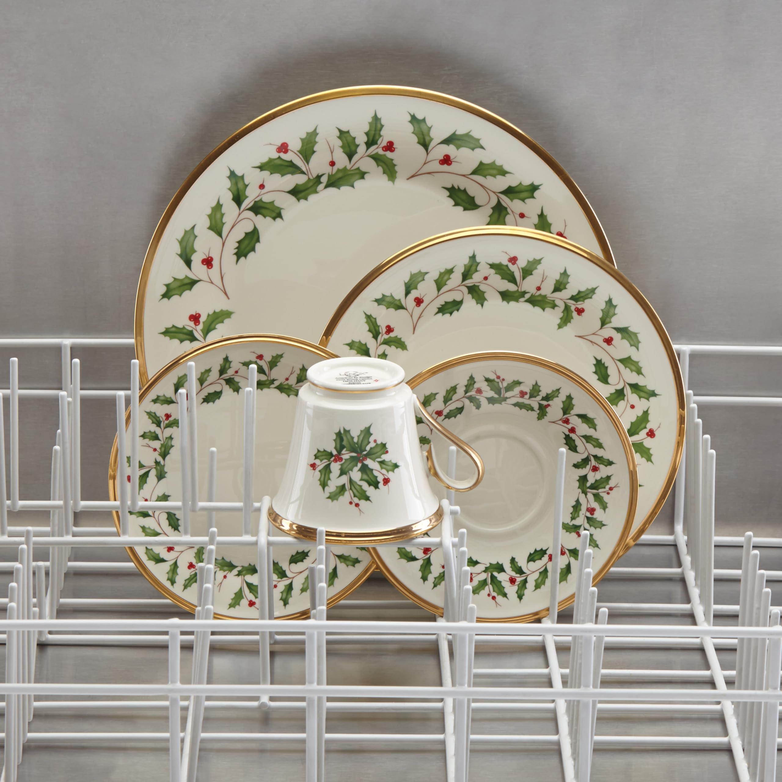 Lenox Holiday saucer paired with teacups for a classic festive tea service.