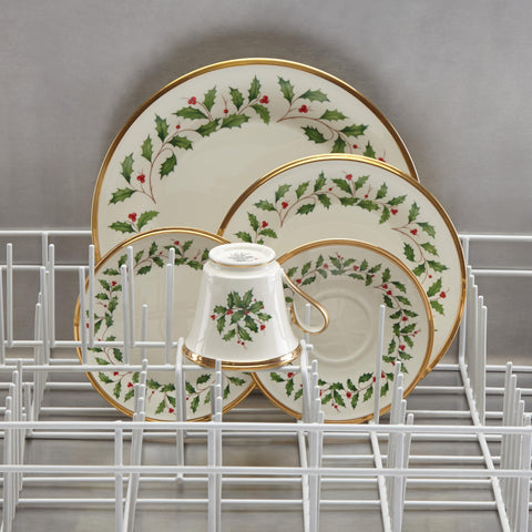 Lenox Holiday saucer paired with teacups for a classic festive tea service.