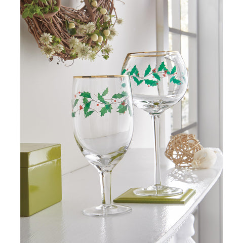 Lenox Holiday glass set on a table ready for chilled beverages.
