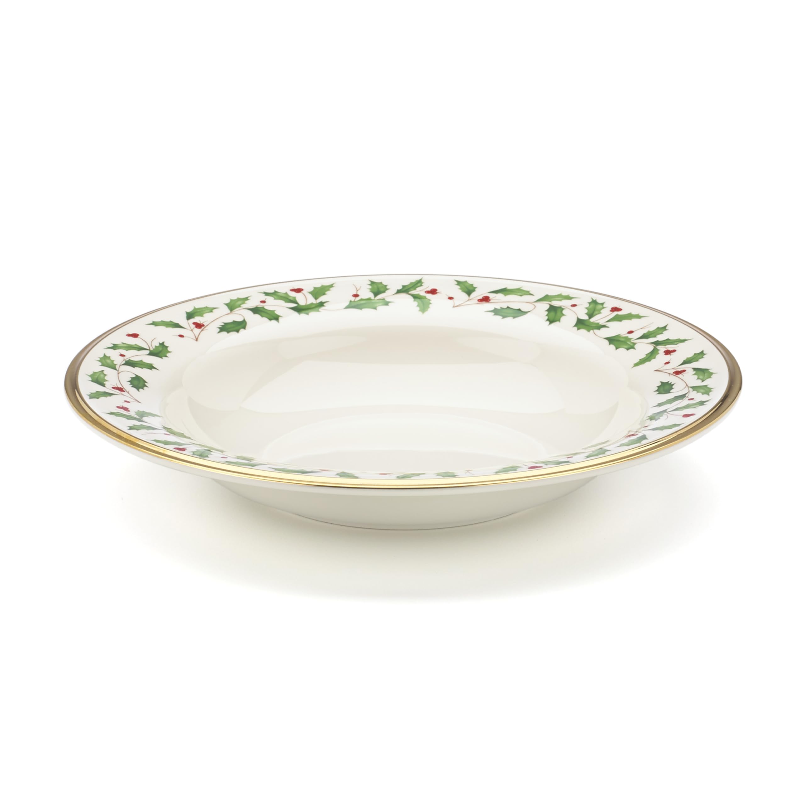 Lenox Holiday soup bowl with holly and berry motif adds festive elegance to meals.