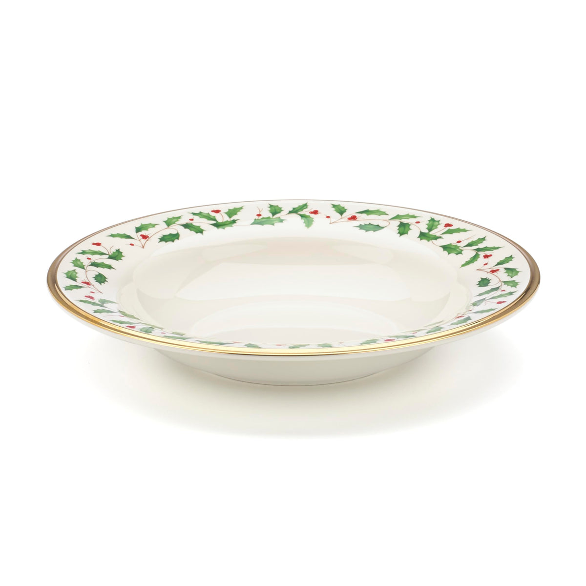 Lenox Holiday soup bowl with holly and berry motif adds festive elegance to meals.
