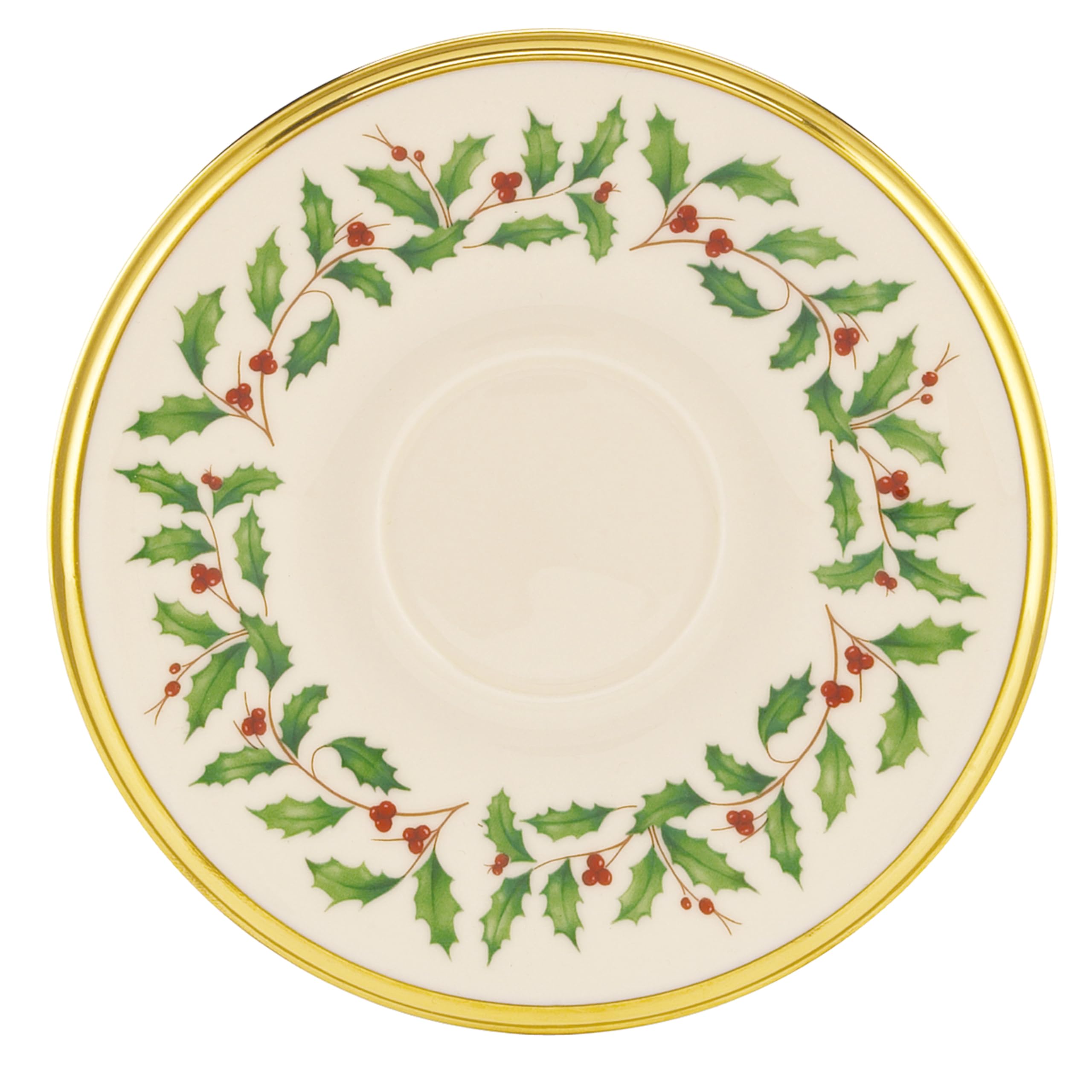 Lenox Holiday Tea Saucer with holly berry motif and gold trim, festive tableware.