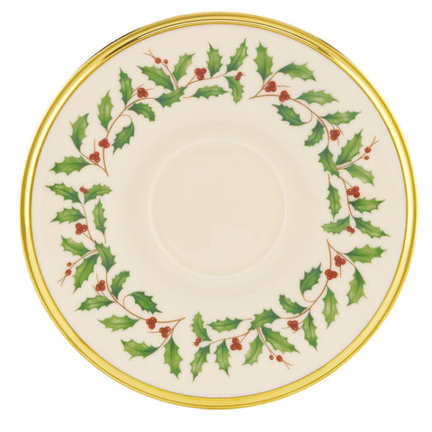 Lenox Holiday Tea Saucer with holly berry motif and gold trim, festive tableware.