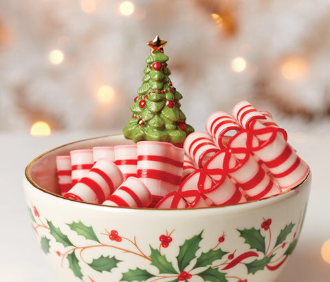 Lenox Holiday Tree Bowl holds cookies for cozy after dinner snacking.