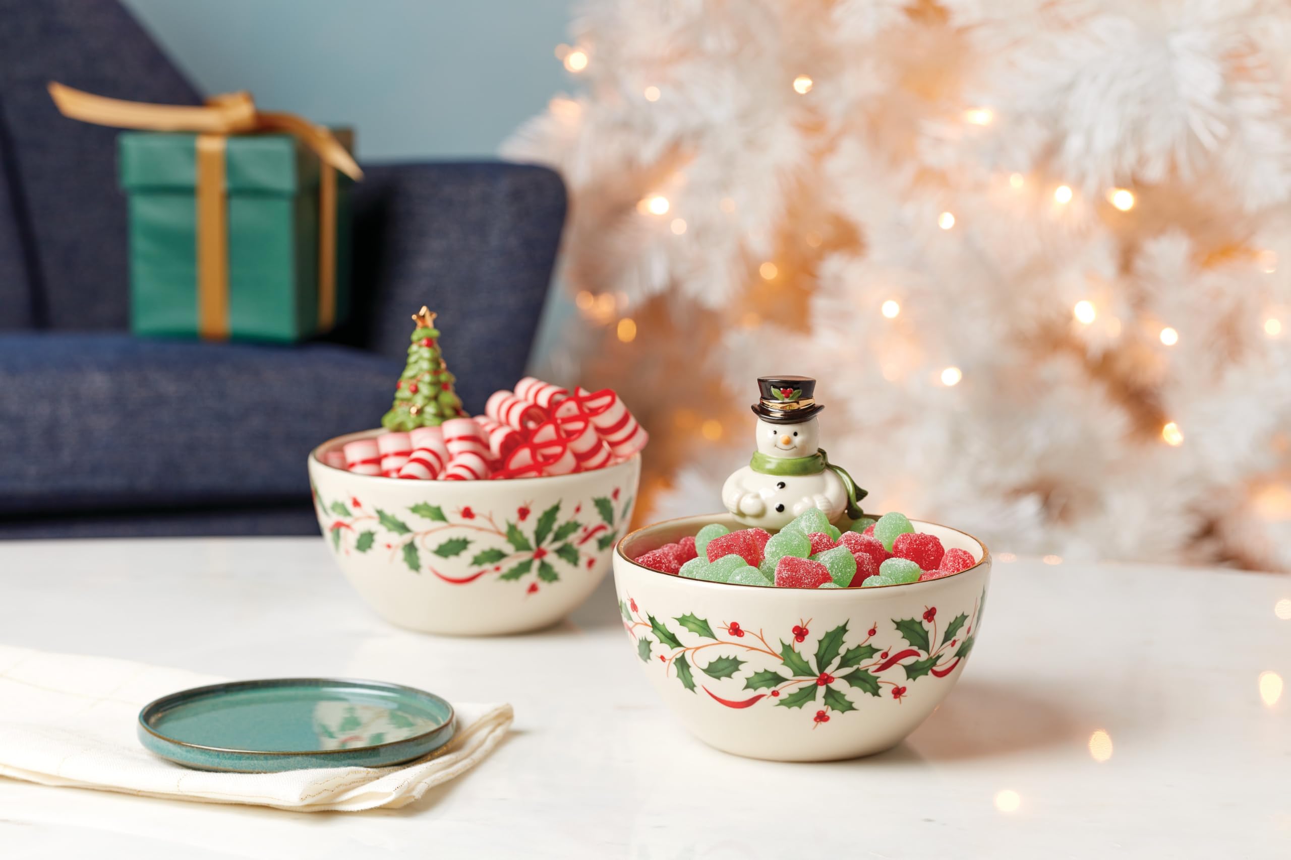 Lenox Holiday Tree Bowl complements holiday tablescapes during family dinners.