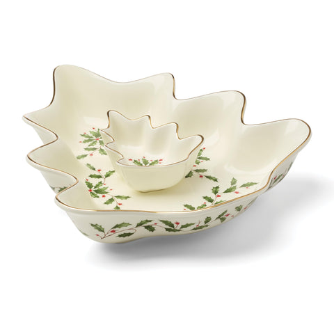 Lenox Holiday Tree Chip & Dip Set chip bowl display, supports generous snack spreads.