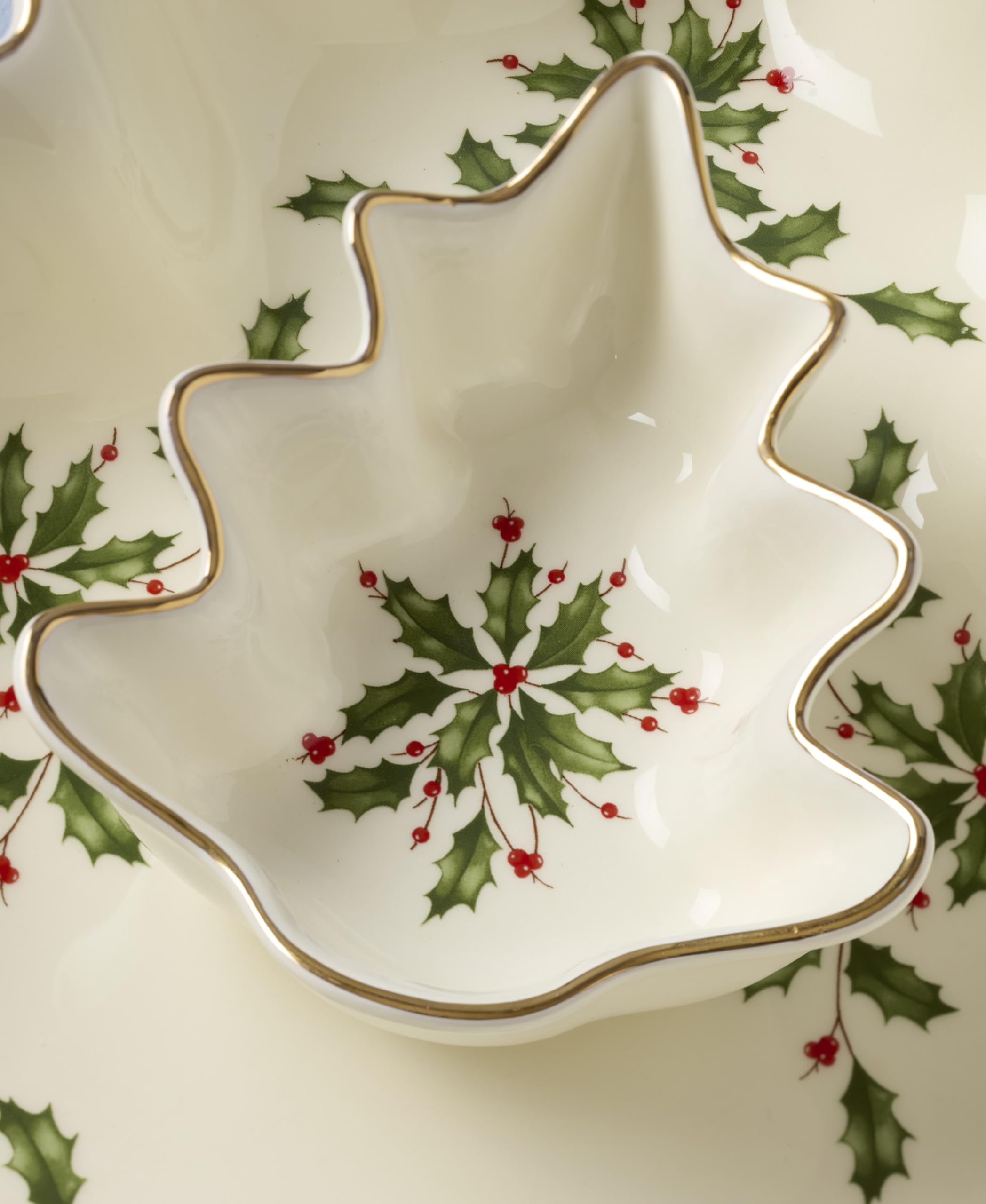 Lenox Holiday Tree Chip & Dip Set assembled on table, adds seasonal charm to gatherings.