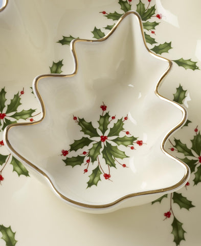 Lenox Holiday Tree Chip & Dip Set assembled on table, adds seasonal charm to gatherings.