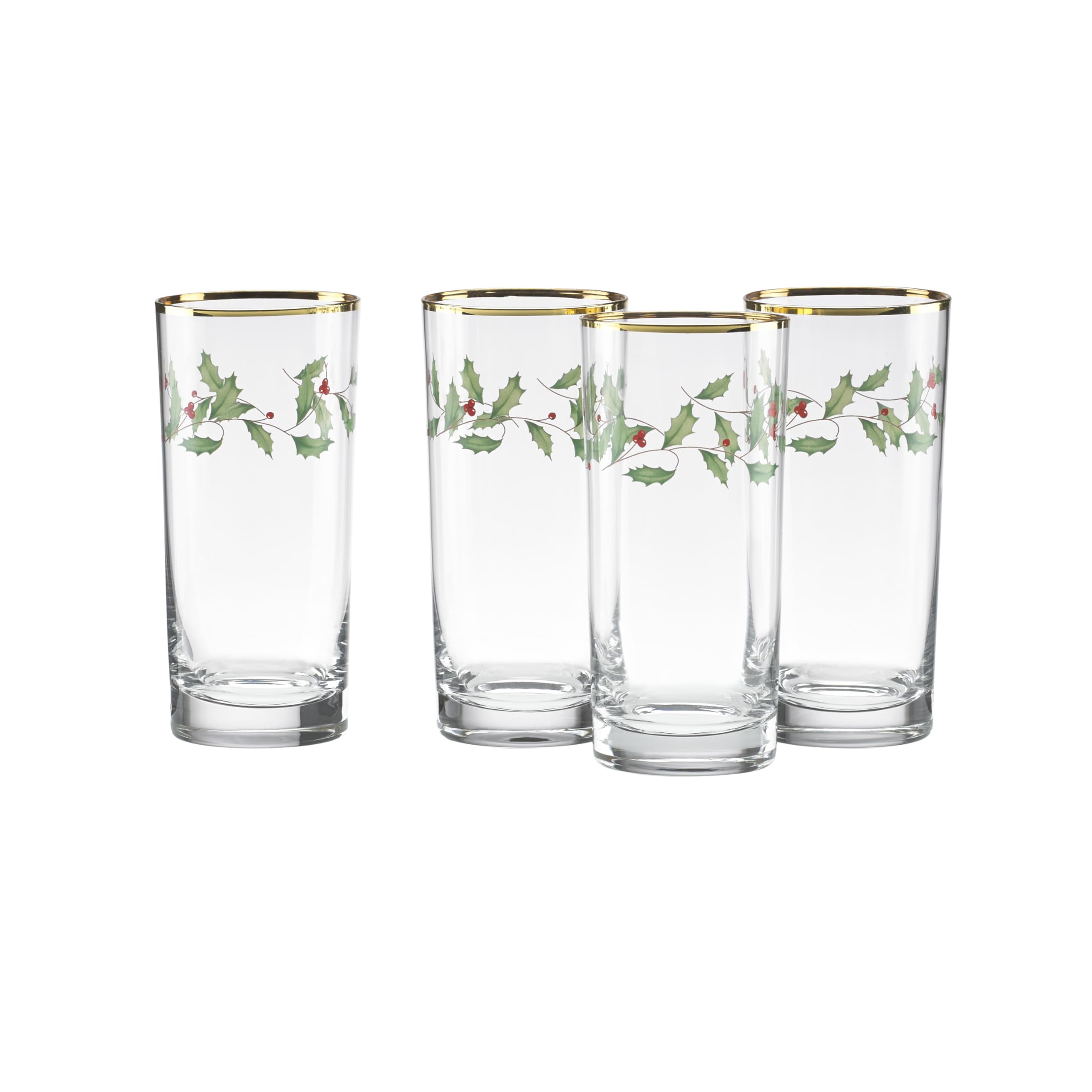 Lenox highball glass close-up showing holly wreath detail for holiday entertaining