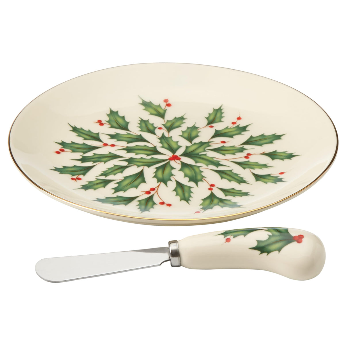 Lenox Hosting the Holidays cheese plate showcases holly motif on ivory porcelain for festive cheese service.