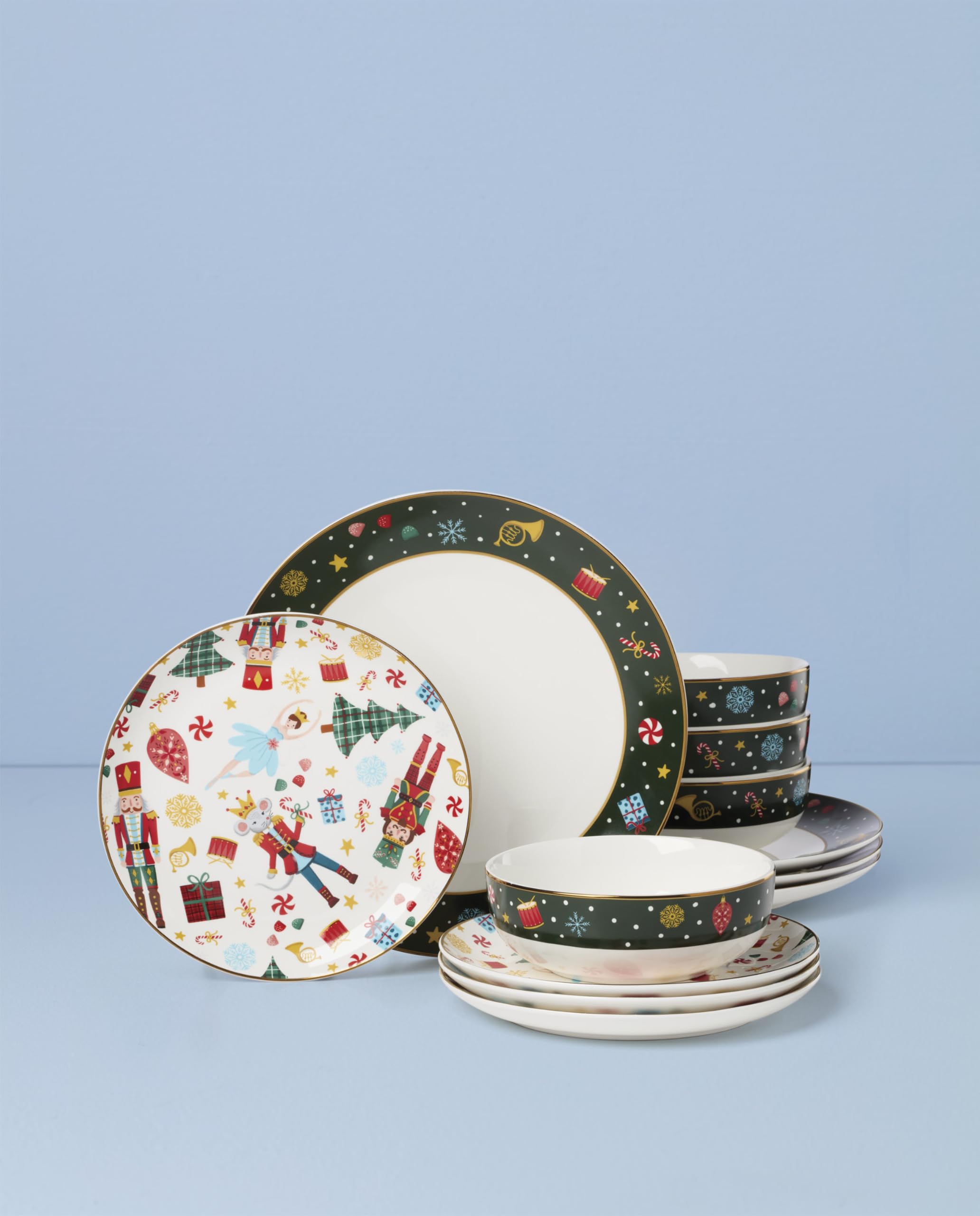 Lenox Nutcracker Ballet dinner plates detail with elegant gold accents for festive meals