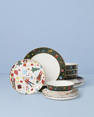 Lenox Nutcracker Ballet dinner plates detail with elegant gold accents for festive meals