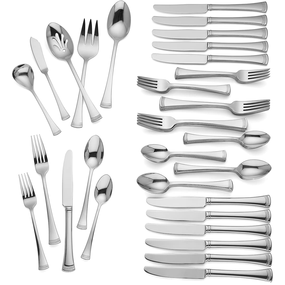 Lenox Portola 65-piece flatware set on a dining table for 12.