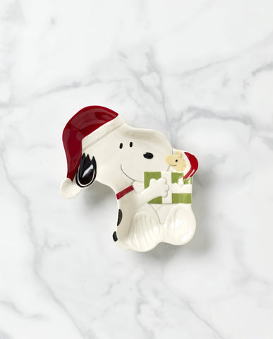 Lenox Snoopy and Woodstock characters on dish enhance Peanuts-themed holiday entertaining.