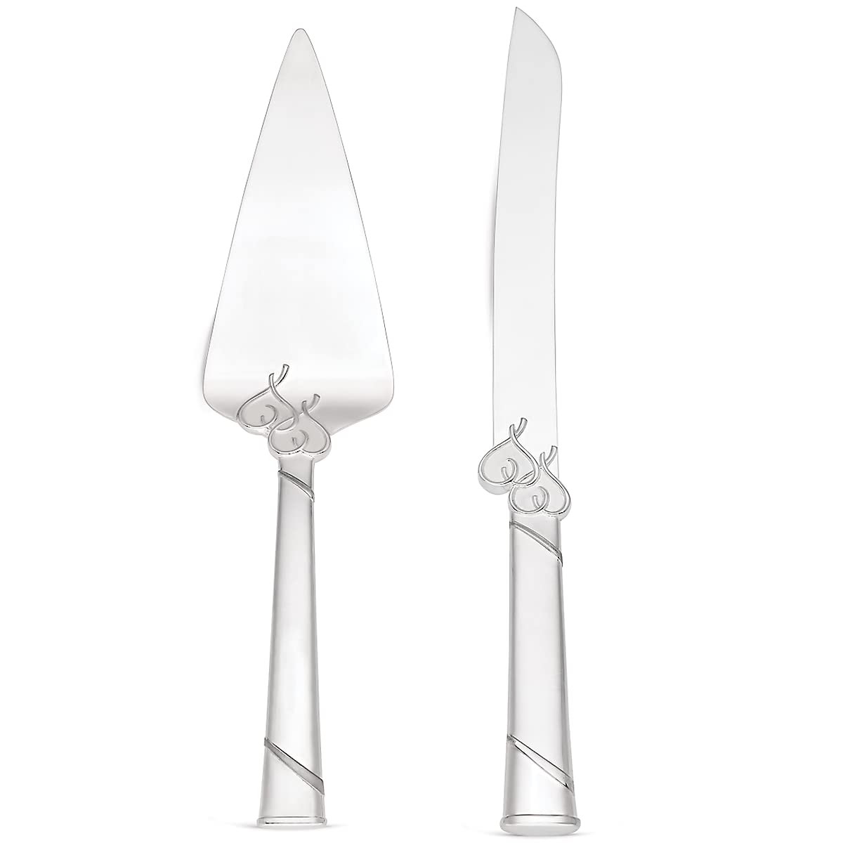 Lenox True Love cake knife with elegant interlaced hearts for romantic weddings.