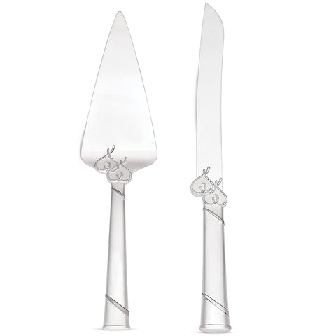 Lenox True Love cake knife with elegant interlaced hearts for romantic weddings.