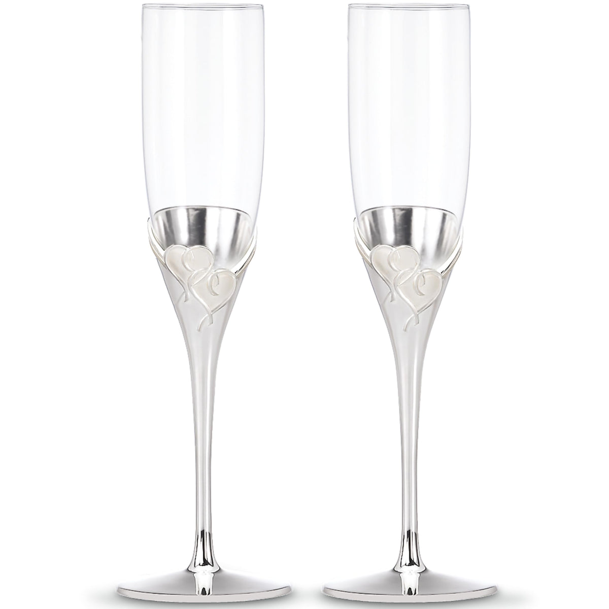 Lenox True Love flutes featuring two interlaced hearts for romantic toasts.