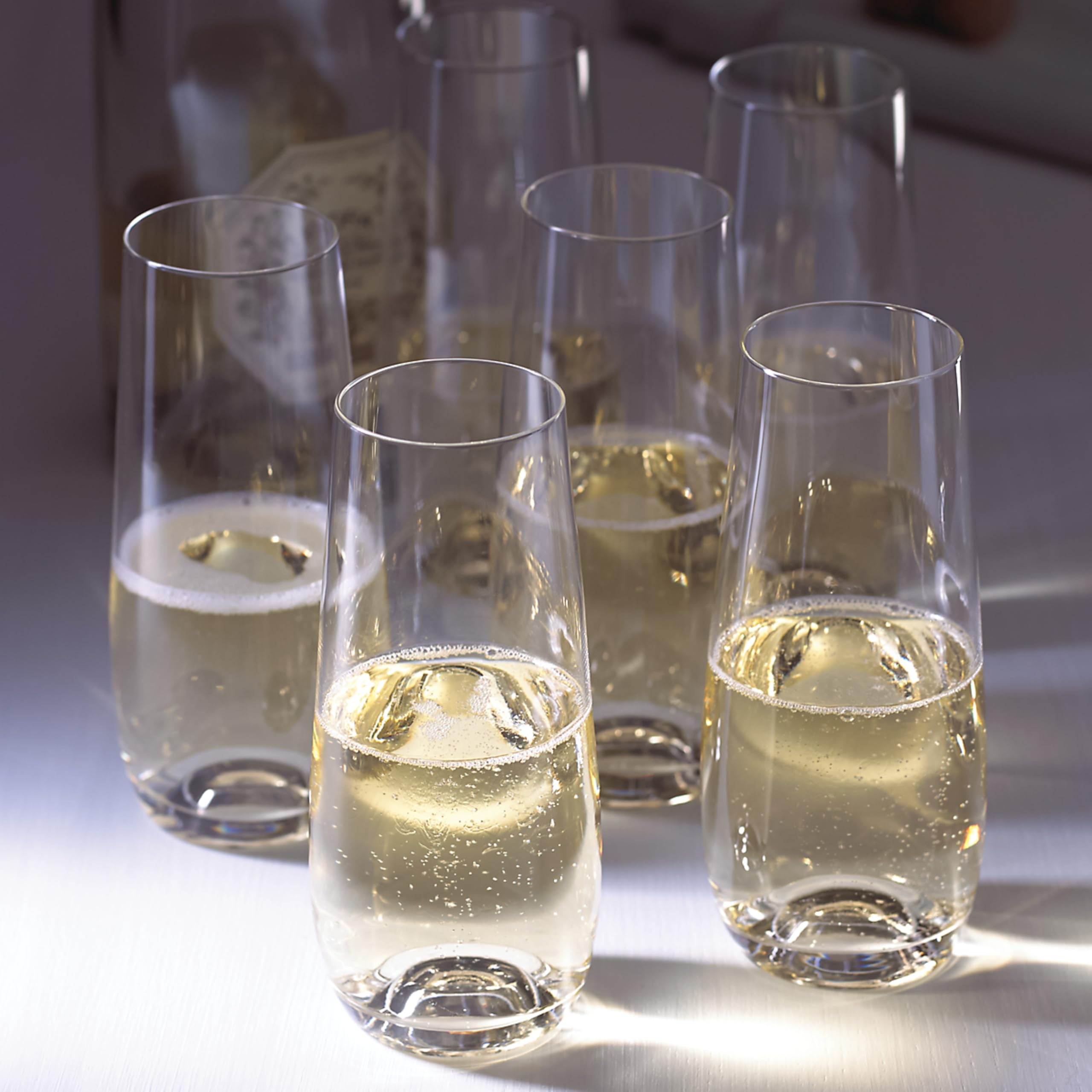 Lenox Tuscany Classics stemless flute set close-up rim, showing fire-polished edge