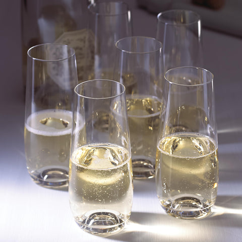 Lenox Tuscany Classics stemless flute set close-up rim, showing fire-polished edge