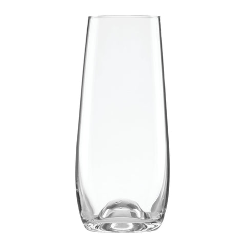 Lenox Tuscany Classics stemless flute set side view with pour, highlighting easy handling
