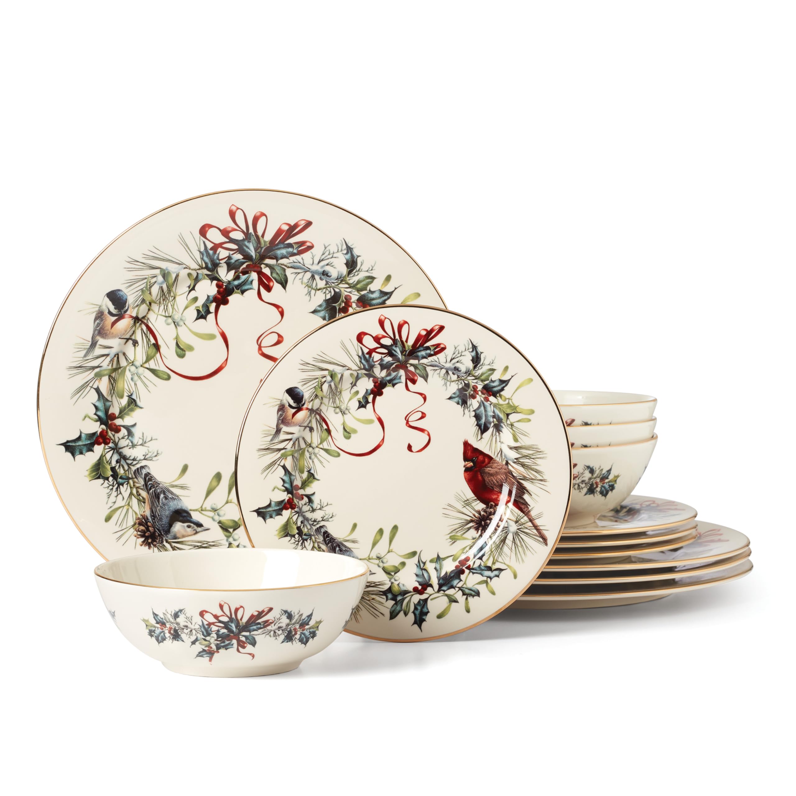 Lenox Winter Greetings 12-piece set shown for festive holiday dining for four.