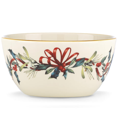 Lenox Winter Greetings bowl with holly and ivy wreath enhances holiday table decor for candlelit dinners
