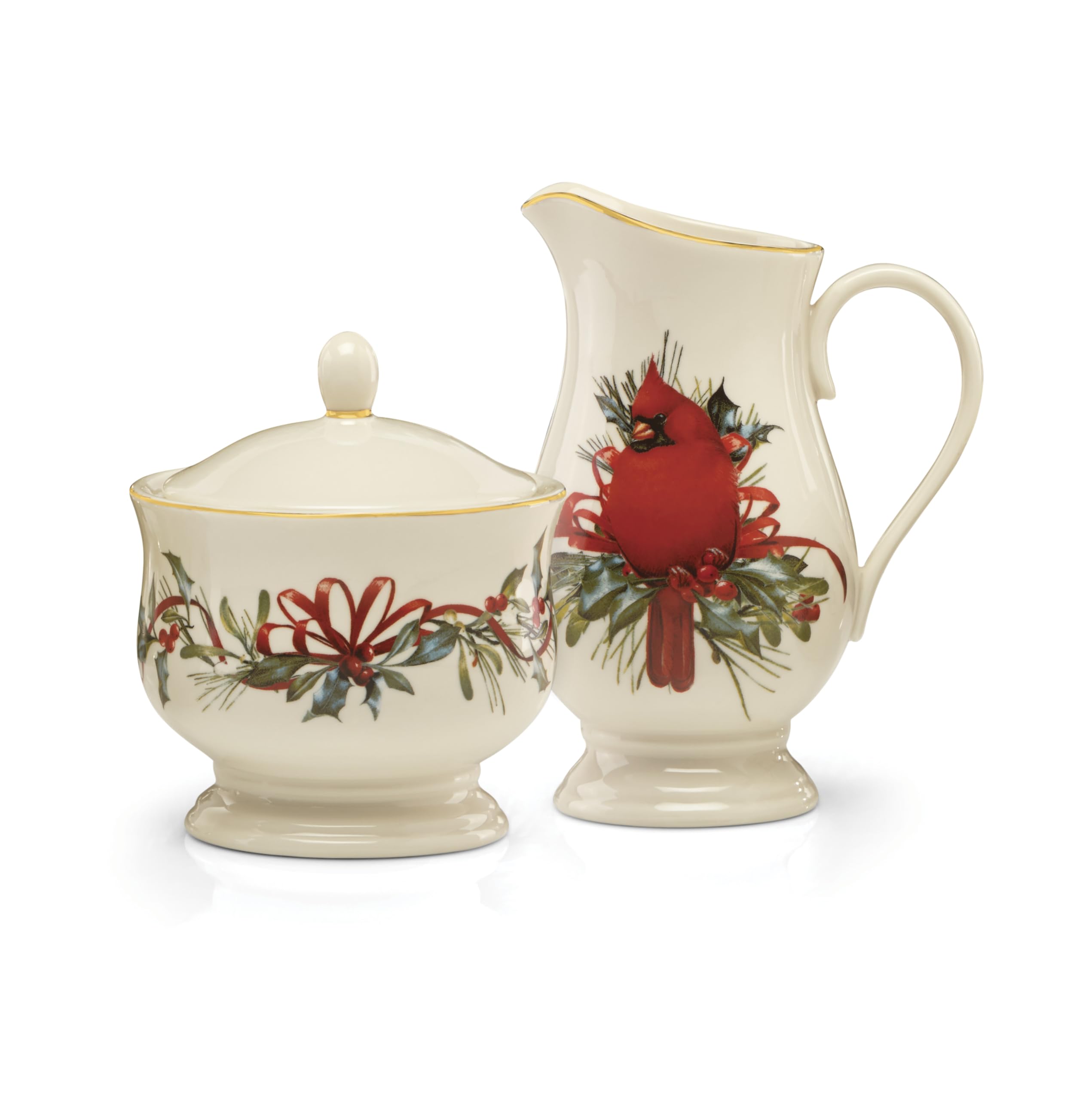 Lenox creamer featuring a cardinal adds holiday color to the table.