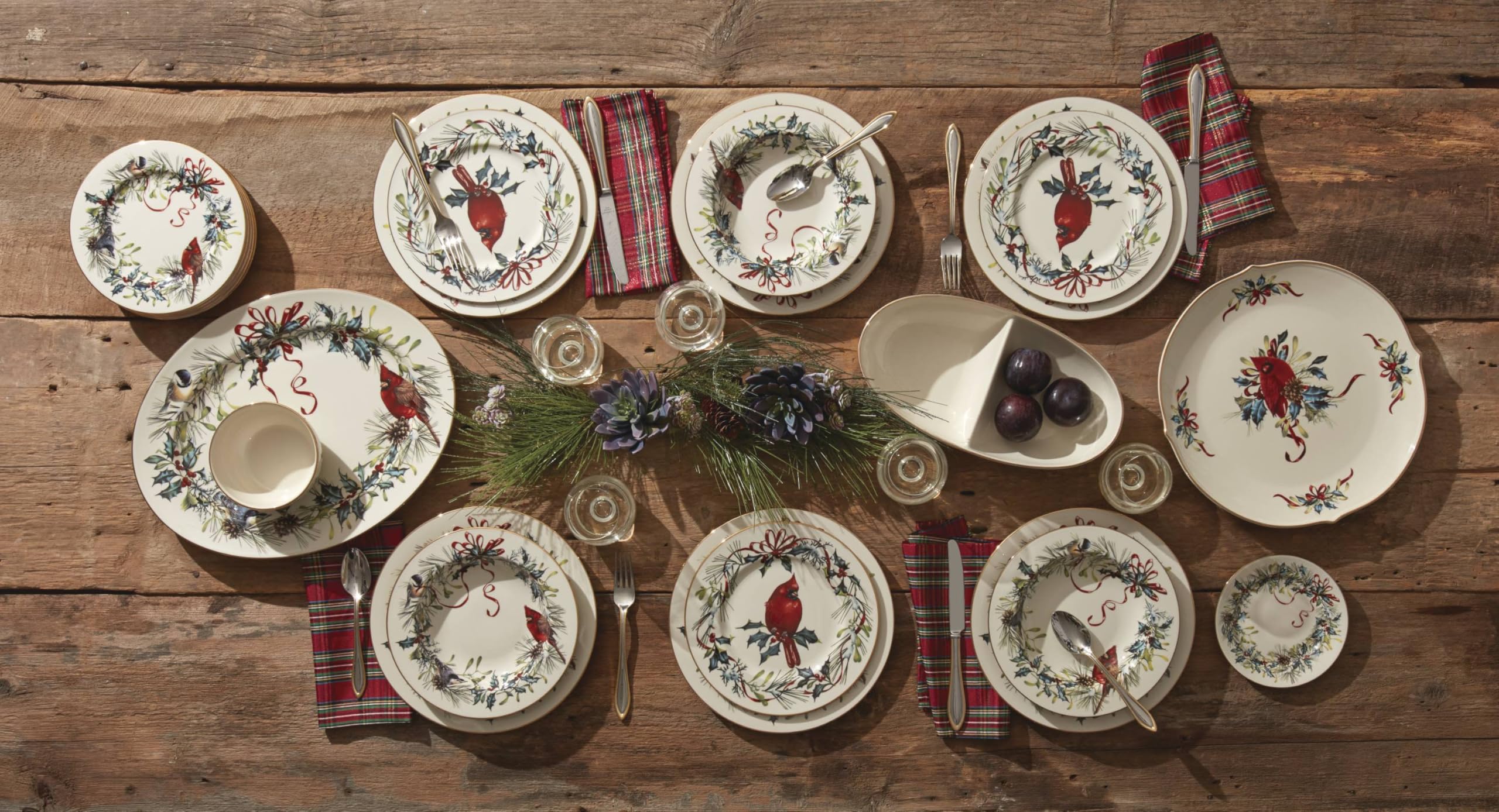 Lenox Winter Greetings gold accents elevate holiday tables with a festive glow.