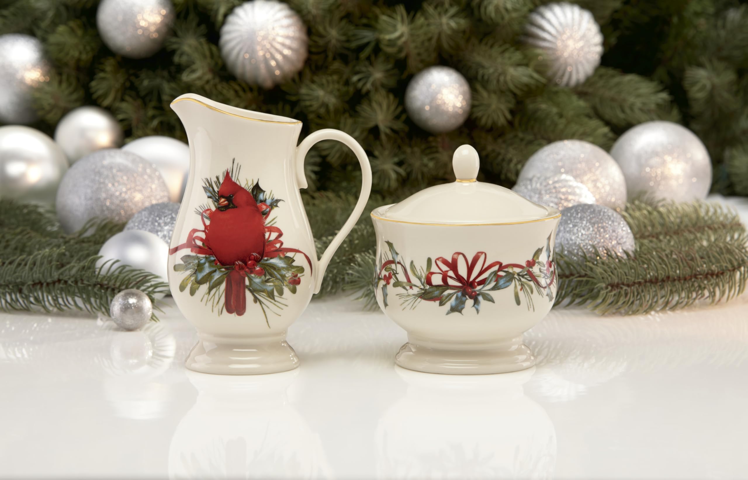 Holiday tea service setup showcasing Lenox Winter Greetings pieces.