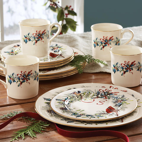 Lenox Winter Greetings salad plate showcasing ornate pattern in red and green
