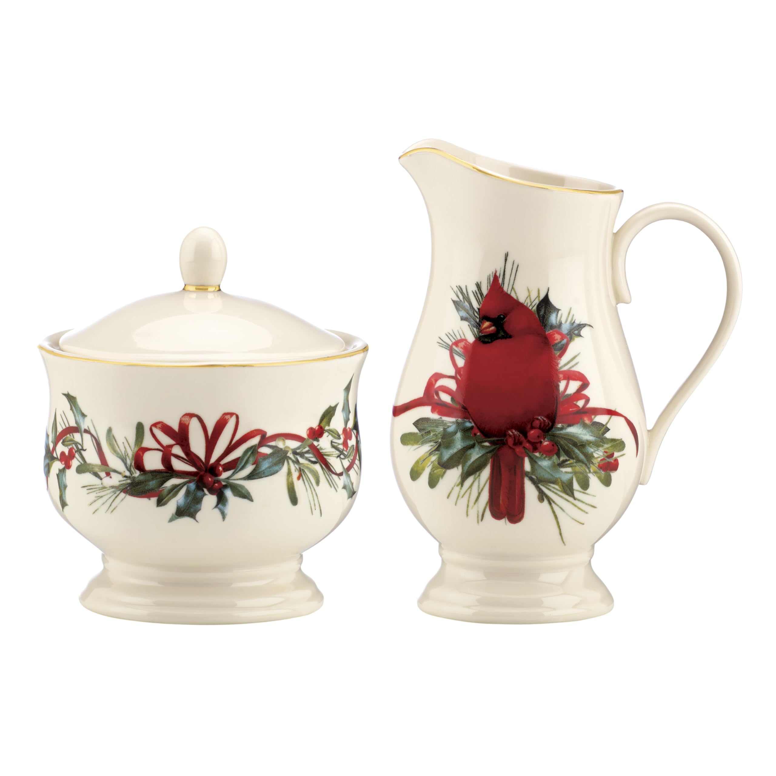 Lenox Winter Greetings sugar bowl with holly motif adds festive charm.