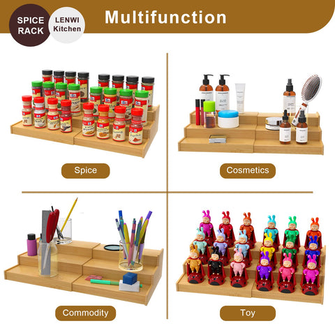 Lenwi Bamboo rack with stepped design prevents tipping of jars.