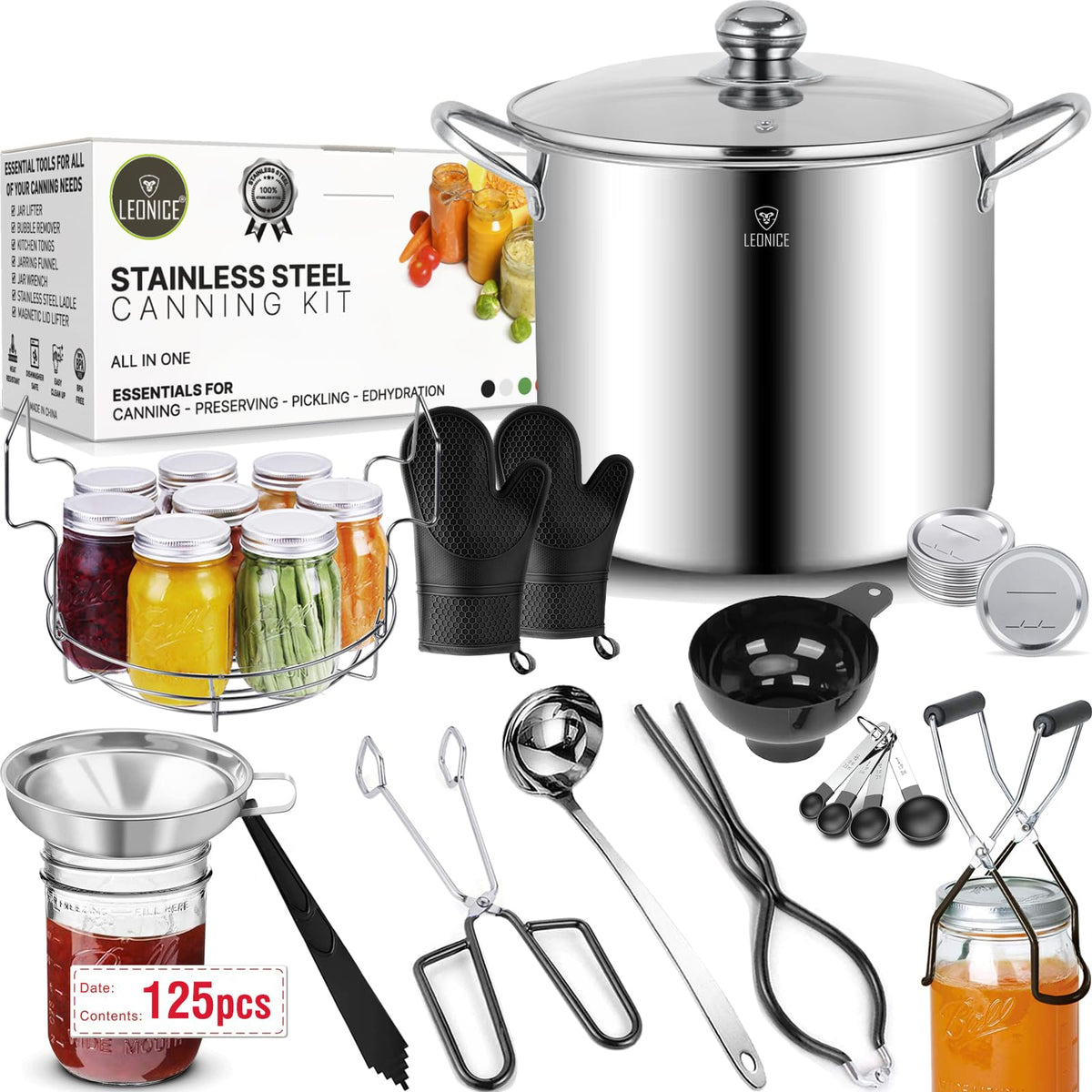 LEONICE canning pot with rack ready for water bath canning.