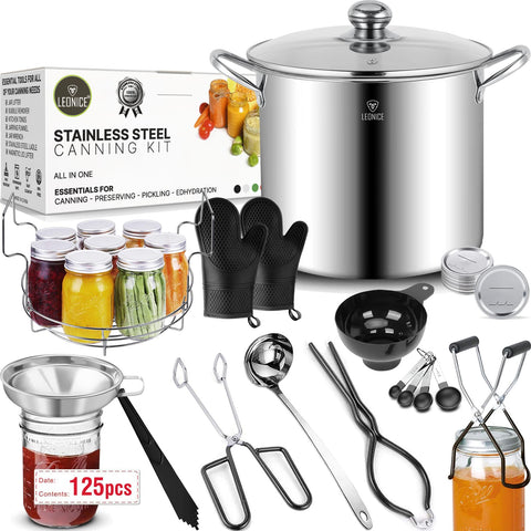 LEONICE canning pot with rack ready for water bath canning.