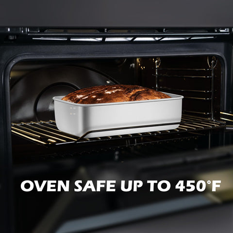 Leonyo loaf pan with rolled edge for easy grip and handling.