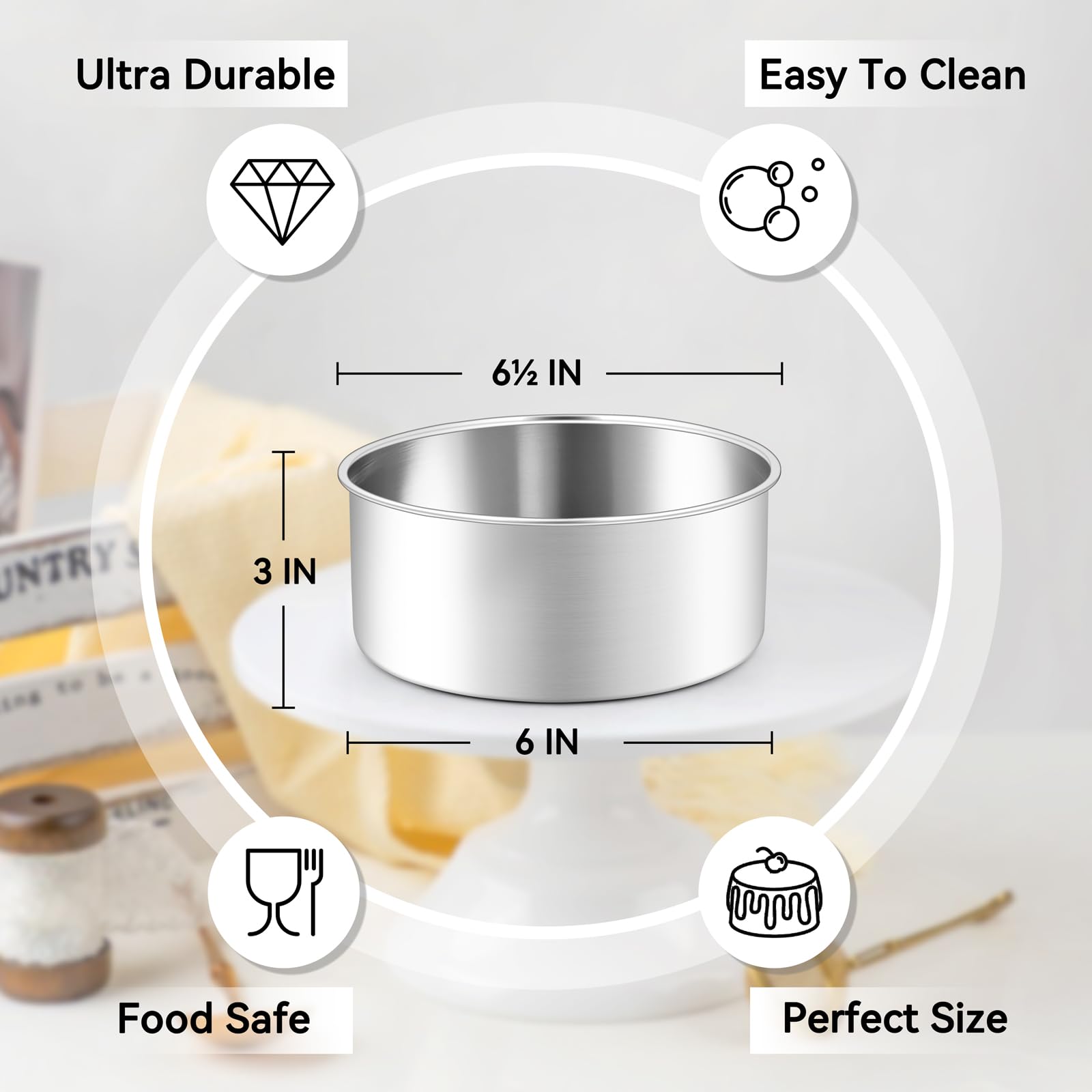 Leonyo stainless steel round pan interior close-up showing seamless walls for easy release.