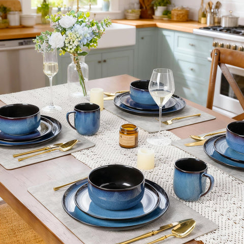 LERATIO handmade glazed blue dinnerware adds warmth to table settings.