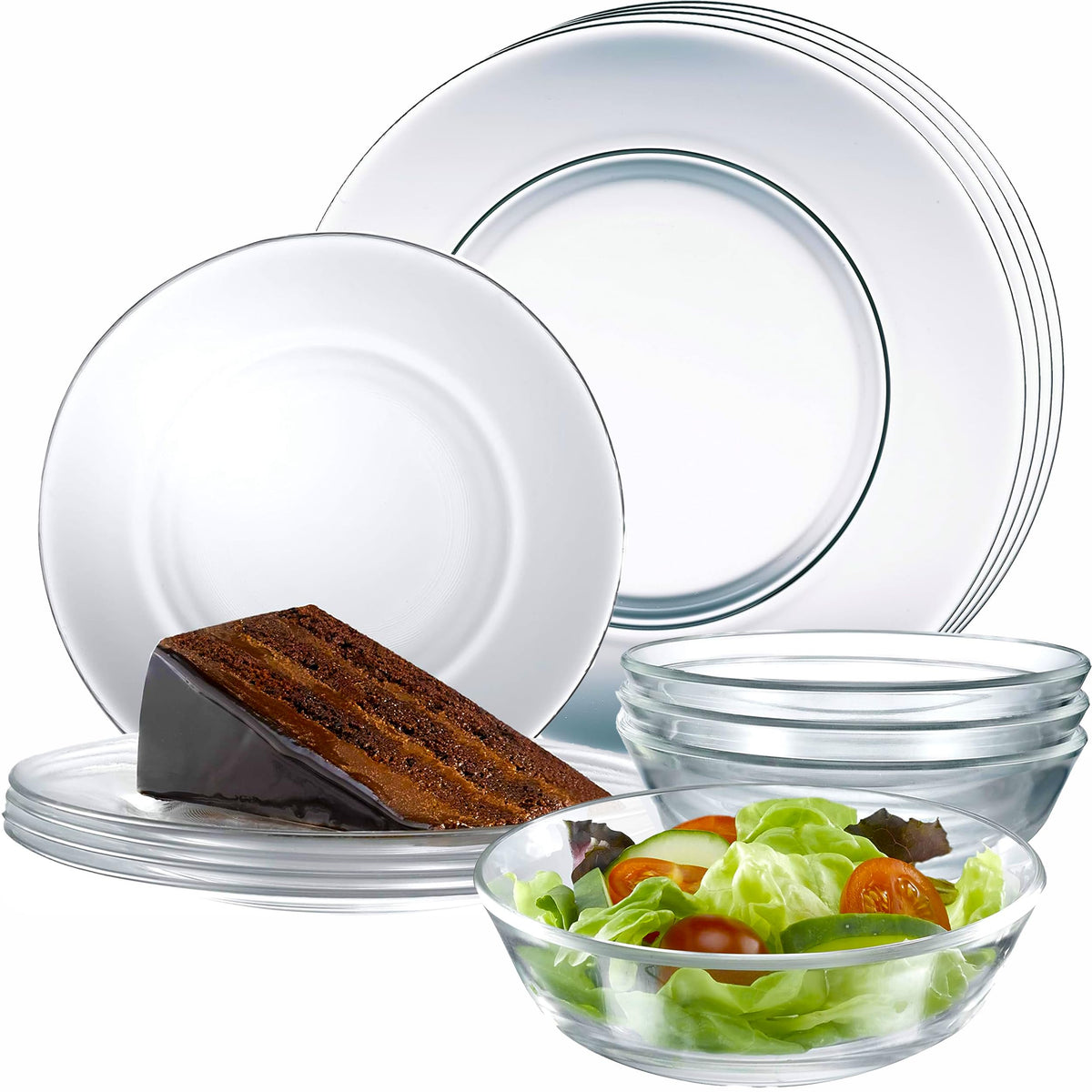 Le'raze 12-piece glass dinnerware dinner plates, clear and stackable for everyday meals.