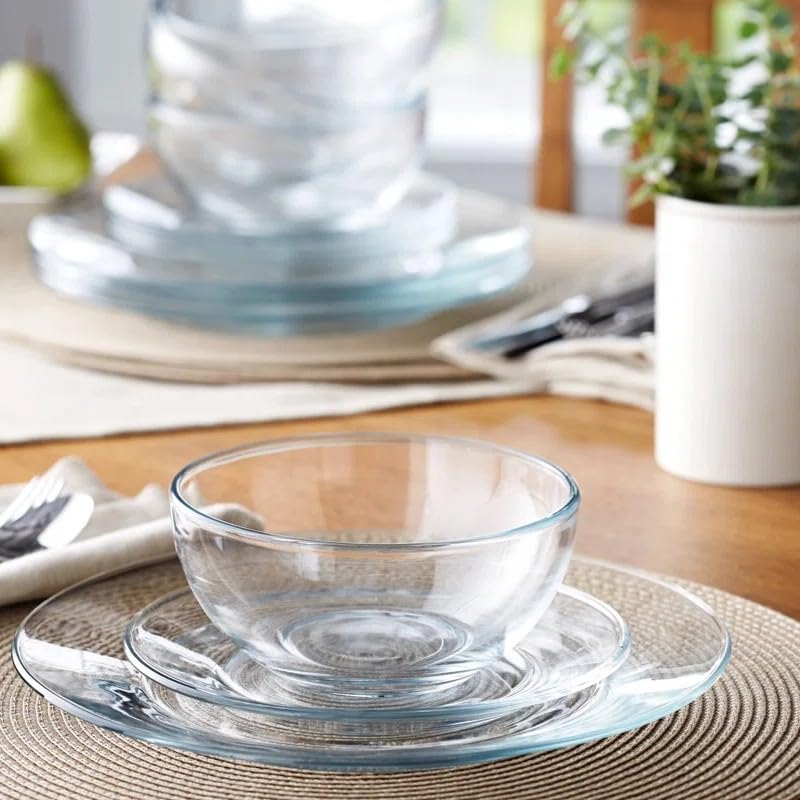 Le'raze 12-piece glass dinnerware salad plates, minimalist and versatile for salads and desserts.